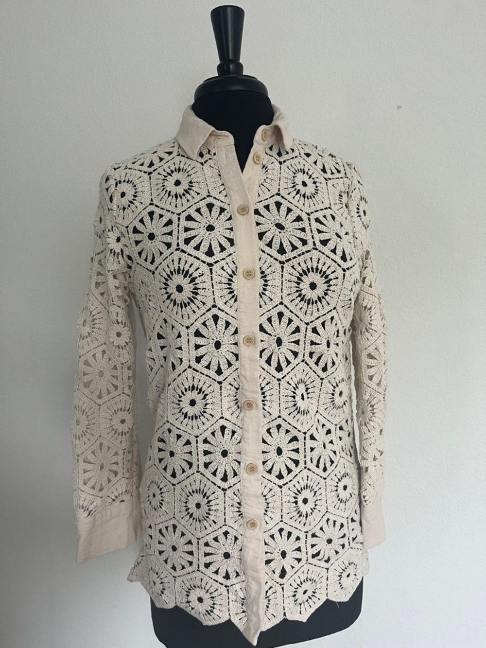 MNG Cream Crochet Button-Up Shirt